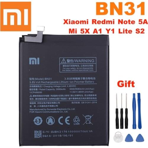100% Original Battery 3000mAh BN31 For Xiaomi Mi 5X Redmi Note 5A Redmi Note 5A pro Mi A1 Redmi Y1 Lite Redmi S2 Battery