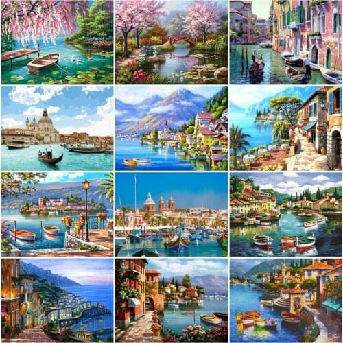 AZQSD Diamond Painting City Town Boat Cross Stitch Kits Rhinestones 5D New Arrival Diamond Embroidery Scenery Mosaic Home Decor