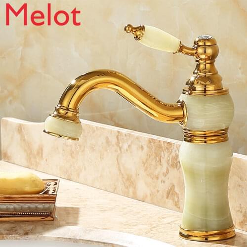 European-Style Gold Copper Natural Jade Faucet Drop-in Sink Antique Hot and Cold Marble Basin Household Faucet