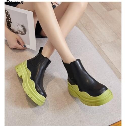 Hot Martin Boots Woman Leather Shoes Avocado Color Thick-soled Platform Chelsea Short Boots Elastic Band Ankle Boots For Women