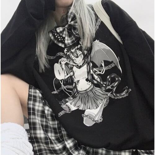 Gothic Streetwear Harajuku Dark Cartoon Print Hoodie Autumn New Japanese Style Punk Womens Sweatshirt Korean Oversize Hoodie