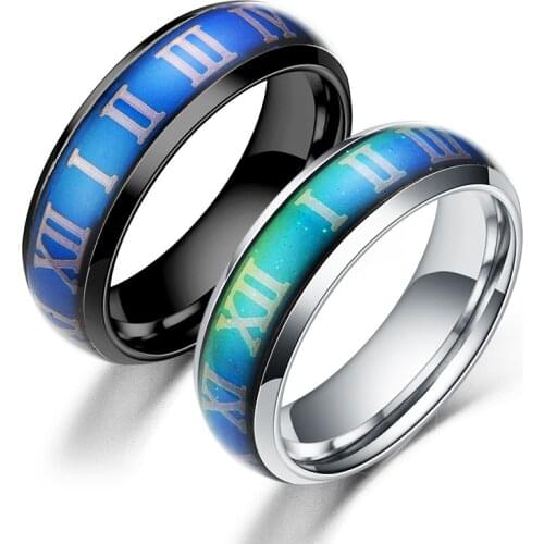 AsJerlya Classic Roman Numerals Rings Change Color With Temperature Black Silver Color 316L Stainless Steel Men Women Rings