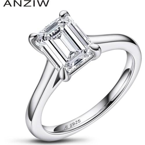 ANZIW 925 Sterling Silver 7x9mm Emerald Cut Solitiare Ring for Women Simulated Diamond Engagement Wedding Band Rings Jewelry