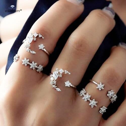 5 pcs/lot OPEN Moon Toe Ring Set White Crystal Star Wedding Ring Set Midi Knuckle Ring Thin Fingers Toe Rings for Women Jewelry