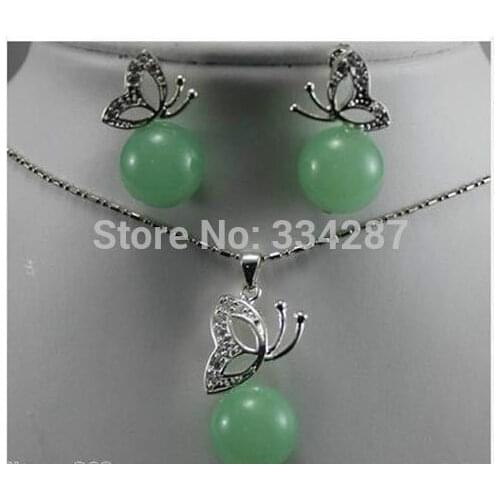 Beautiful silver plate butterfly green jade pendant earrings