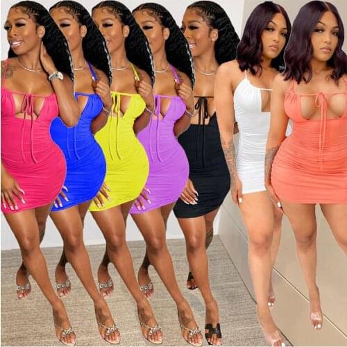 Zoctuo Summer Dresses Club Lace Up Tight Mini Dress Slim Low Cut Sexy Spaghetti Straps Backless Hollow Out Female Clothing Solid