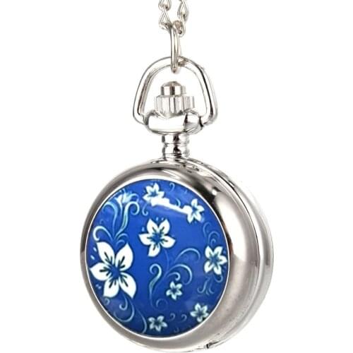 Fashion Vintage Women Pocket Watch Alloy Blue Flowers Pattern Lady Girl Sweater Chain Necklace Pendant Clock Gifts TT@8