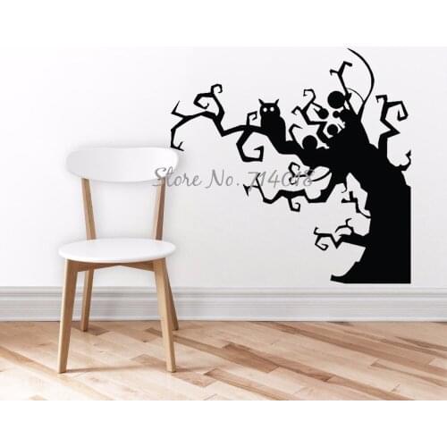 Tree Wall Decal Spooky Owl Bat Swirl Tree Branches Wall Sticker Halloween Decorations Holiday Art Murals Party Vinyl Sticker M56