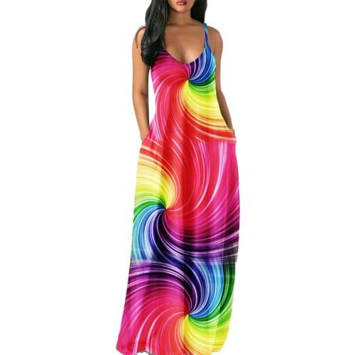 Dress Women Summer hot style round collar pocket loose condole colorful stripe gradient Dresses Casual Vestidos YFF6361