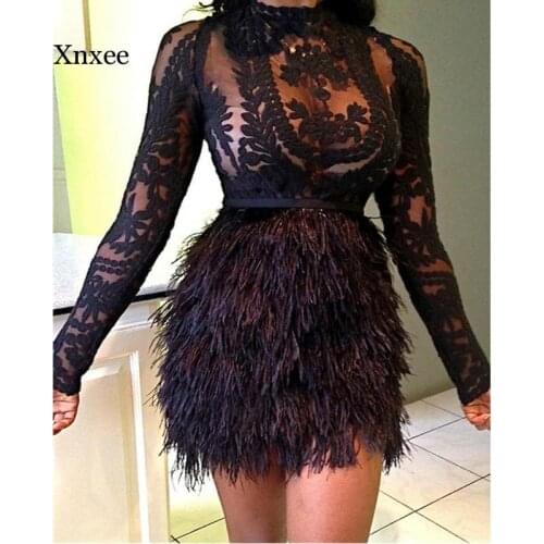 See Through Lace Top With Faux Fur Skirt Set Embroidery Black Mesh Long Sleeve Tops Two Piece Sets no Belt