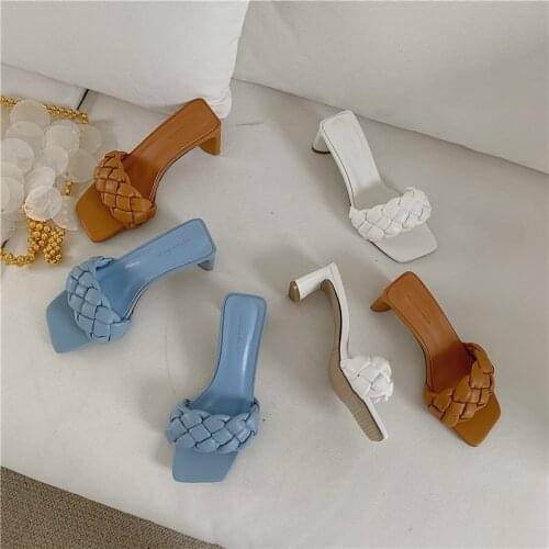 Female Shoes Slippers Heels Square Toe Low Slides Candy Colors 2020 High Soft Block PU Fabric Basic Rome Floral Rubber Pumps