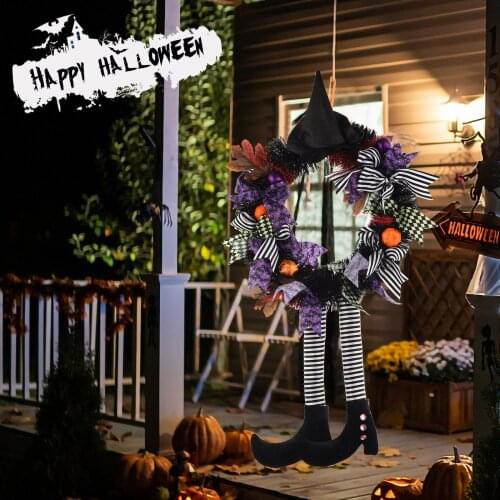 Witch Halloween Wreath With Hat Legs Pumpkin Door Wreath Artificial Maple Pumpkin garland For Festival Halloween Decorations