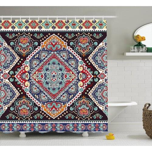 Ethnic Shower Curtain Vibrant Vintage Framework Bohemian Curvy Ornate Borders Symmetric Cultural Colorful Bathroom Curtains