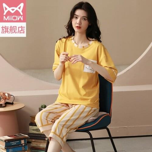 Female pure cotton pyjamas contracted leisure spring and autumn short sleeve seven minutes trousers household clothes summer