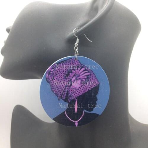 African Headwrap Woman Wooden Earrings
