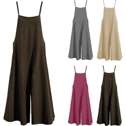 Women Jumpsuits 2021 Summer Sleeveless Straps Solid Loose Rompers Wide Leg Trousers Long Jumpsuit with Pockets combinaison femme