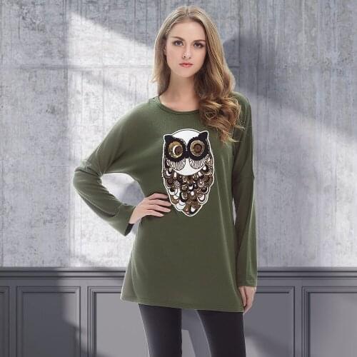 Long Sleeve Women Tops Casual T-shirts Spring Autumn Plus Size O-neck Batwing Plus Size Shirts Owl Sequin Pullover Tops TA8522