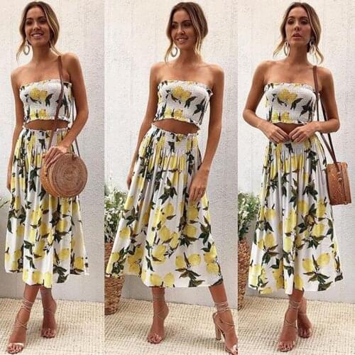 Women fold print 2 piece set summer for female women tube tops crop top two piece set skirt sexy backless two piece set summer