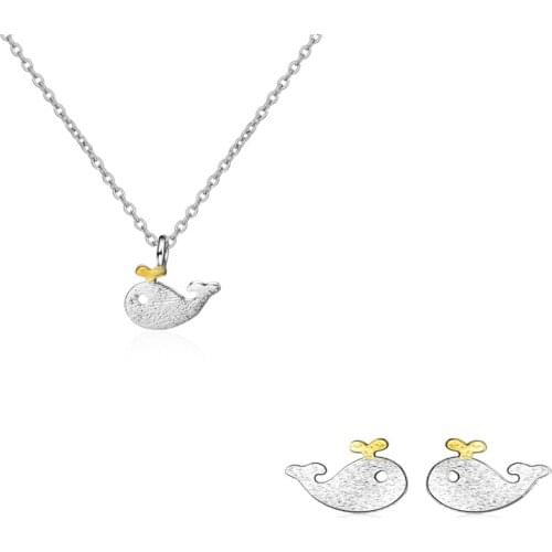 Cute 925 Sterling Silver Jewelry Sets For Women Little Yellow Whale Dolphin Marine Animal Pendant Necklace+Earrings Lover Gift