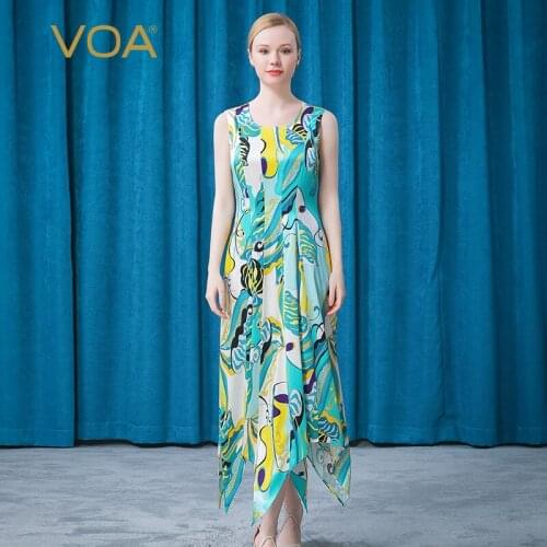 VOA 28M/m Elastic Satin Silk H-shaped Sleeveless Chest-wrapped Yukon Pleat Irregular Hem Round Neck Summer Dress AE752
