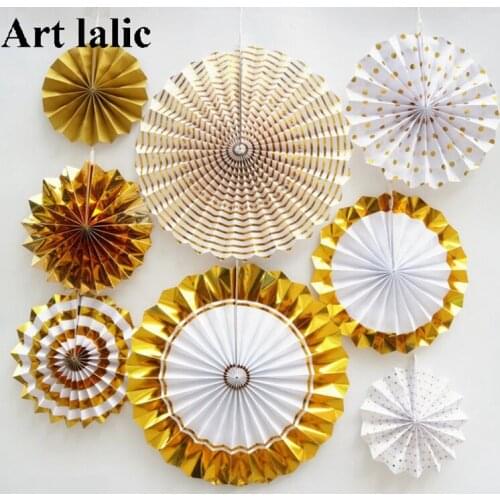 8pcs/set Bronzing Paper flowers Halloween Circular Folded Paper Fan Birthday Party Supplies Wedding Home Decoration DIY Origami