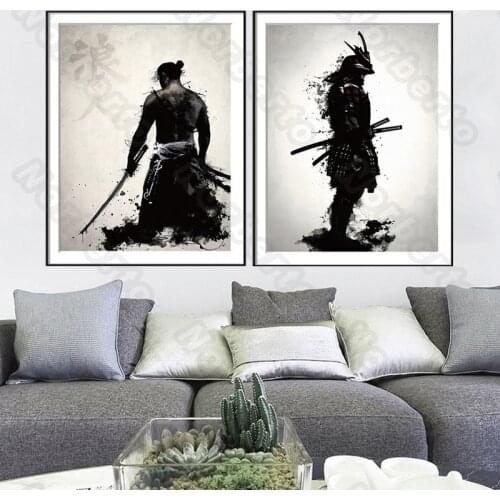Ink Watercolor Painting Canvas Painting Wall Poster Japanese Samurai Strong Men Standing High for Home Rooms Wall Decoration