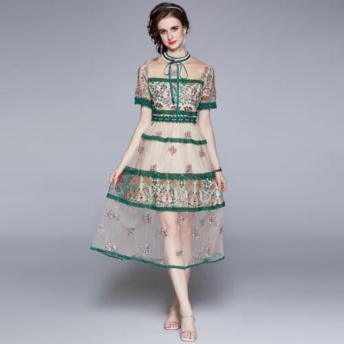 Elegant See Through Short Sleeve Mesh Dress Flower Embroidery Stitching Lace Trims High Waist Sweet Bow Party Long Dress