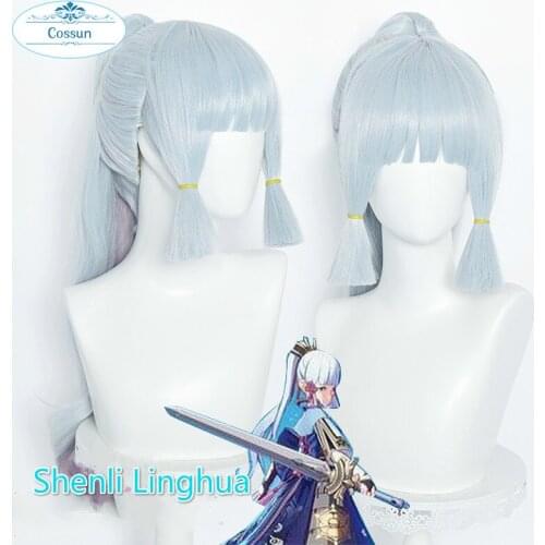Genshin Impact Cosplay Shenli Linghua Wig Kamisato Ayaka Silver 75cm Long Straight Ponytail Bangs Temples Heat Resistant Hair