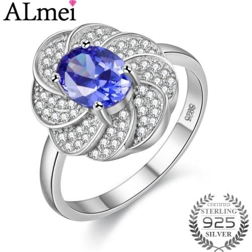 Almei Silver 925 Blue Sapphire Big Flower Women Ring Cubic Zirconia Fine Quality Elegant Ladies Rings Jewelry with Box 40% FJ087