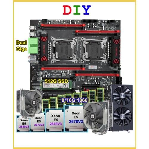 HUANANZHI dual X99 motherboard combos DIY dual CPU E5 2678 V3 2676 V3 RAM 128G(8*16G) 1866 RECC 512G SSD video card RX580 8G