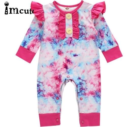 Imcute Baby Romper Tie-Dye Print Round Neck Long Sleeve Bodysuit Baby Girl Jumpsuit for Kids Rose Red/Pink Baby Boy Outfits