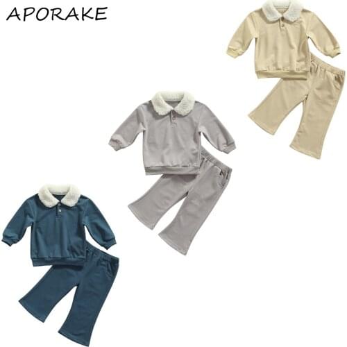 2021 2-6Y Fashion Girls Clothes Set Fur Turn-down Collar Long Sleeve Pullover+Solid Elastic Waist Flared Pans Winter Fall 2pcs