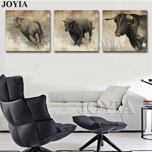 Bullfight Canvas Wall Art Fighting Bull Paintings Canvas Vintage Poster Picture Set Triptych For Home Office Decoration No Frame