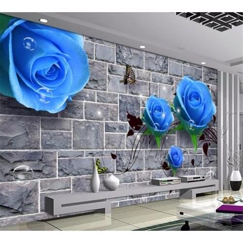 Beibehang Customize any size mural wallpaper HD Blue Rose Brick Wall 3D Living Room Bedroom TV Background Wall