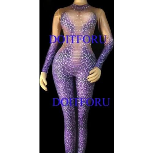 Nightclub Purple Snake Bodysuit singer DJ stage show Stones Stretch Costume Dance jumpsuit party favors christmas gifts