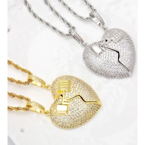 Ice out new two halves love micro pave zircon hip hop pendant fashion men women Couples sweetheart necklace jewelry gift