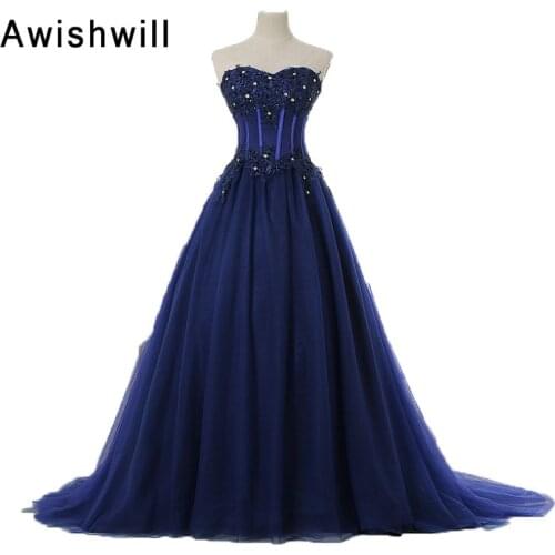 Real Picture Lace-up Back Beaded Appliques Tulle Prom Party Gown Vestido De Festa Customized Navy Blue Evening Dresses Long