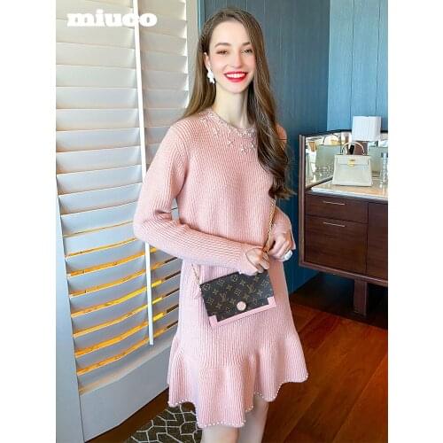 Pin bead round neck Ruffle Skirt solid color knitted dress womens wear 2021 Spring new High Quality Top Quality