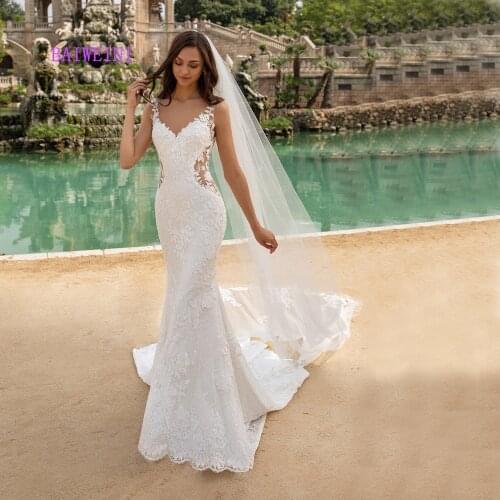 Robe de mariee New arrival Simlple Beading Wedding Dresses 2021 Mermaid Embroidery Appliques Wedding Gowns vestidos de noiva