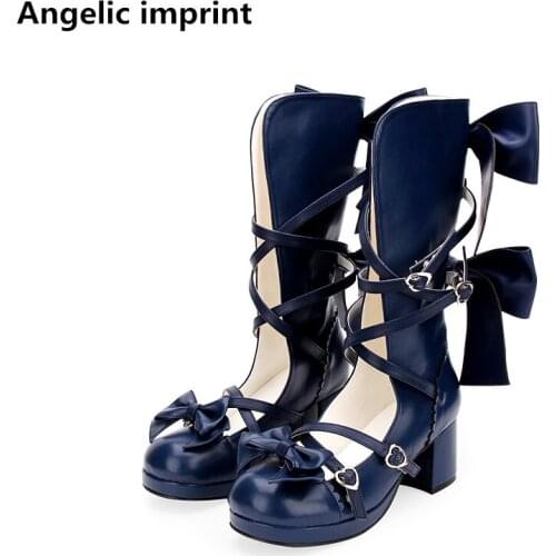 Angelic imprint mori girl Women sweet beautiful shoes lady high heels lolita boots woman princess dress party pumps bowtie 33-47