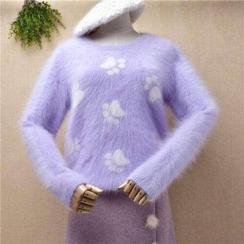 Ladies women fashion hairy plush Cute Paw Prints mink cashmere knitted slim blouses pullover angora fur jumper sweater pull tops