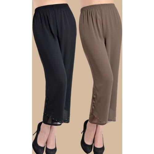 New Middle-aged Women Summer Capris Chiffon Pants Womens Casual Elastic Waist Loose Straight Pants Large Size 4XL