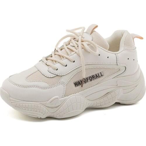 Sneakers Women Solid Mesh Round Toe Women Shoes Round Toe White Lace-up Low Top Lightweight chaussure femme Height Increasing