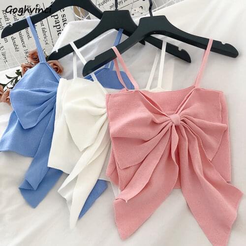 Women Camis Summer Tanks Crop Tops Bow Girls Sweet Solid V-neck Slim Ulzzang New Knitted Outwear Female Elegant Fitness Pleated