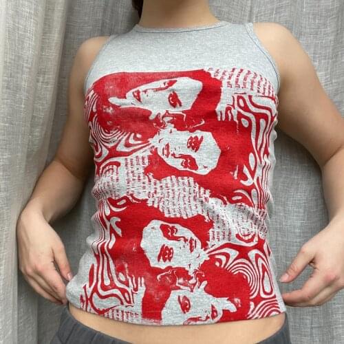 Women Portrait Printing Vest Summer Casual Tank Tops Ladies Female Round Neck Slim Fit Tops