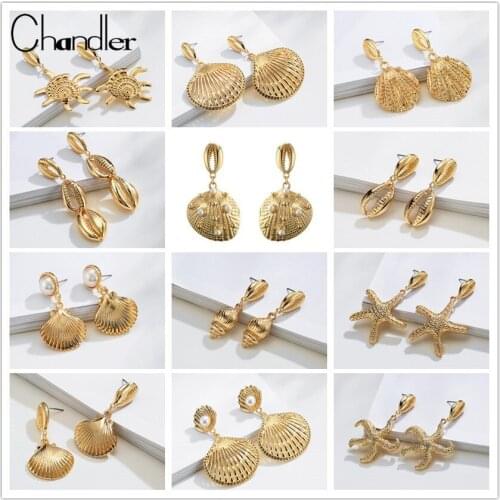 Chandler Geometry Shell Earring Women Gold Color Irregular Starfish Conch Metal Shell Dangle Brincos 2019 Fashion Summer Jewelry