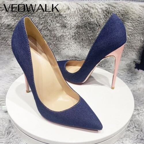 Veowalk Blue Women Denim Fabric Pointy Toe Stiletto Pumps Elegant Slip Classic High Heel Formal Dress Shoes Plus Size 33-45