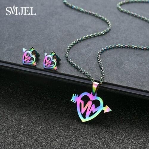 SMJEL Colorful Heart Beat Necklaces and Earrings for Women Wedding Jewelry Sets Simple ECG Pendant Necklaces Lover Gift 2021