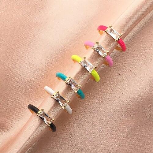 Rectangle Zircon Enamel Dripping Oil Ring For Women, Multicolor Adjustable Copper Gold Plated Rings Party Jewelry Gift