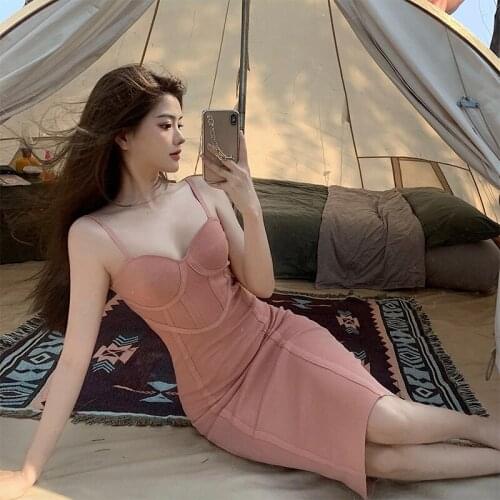 2021 Solid color Knit Bodycon Dress Womenплатье Summer Hollow Out Sexy Sleeveless Spaghetti Strap Beach Midi PinkDresses Party